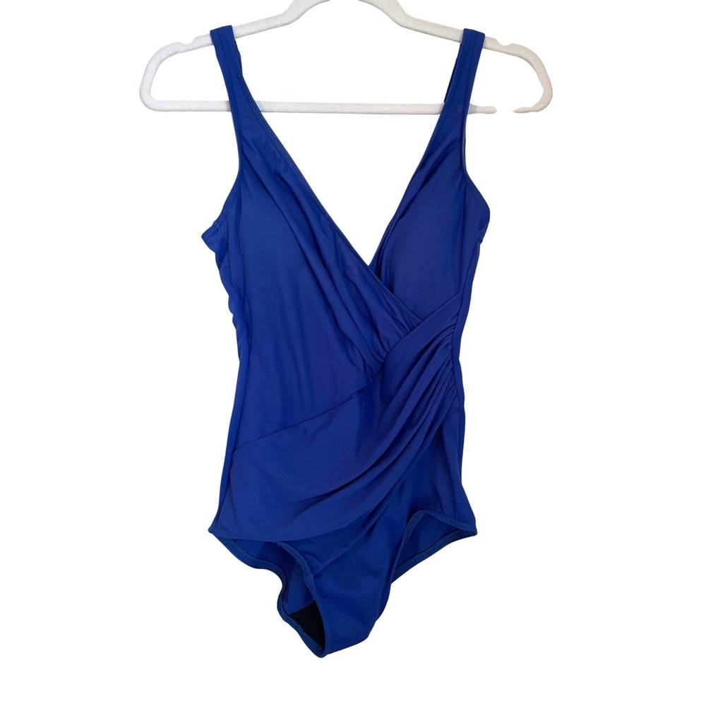 Miraclesuit Oceanus Azul Blue Surplice Wrap Ruched One Piece Swimsuit Size 10